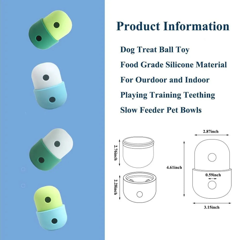 Food grade silicone dog treat dispensing puzzle ball in four colour combinations measuring 8×11cm