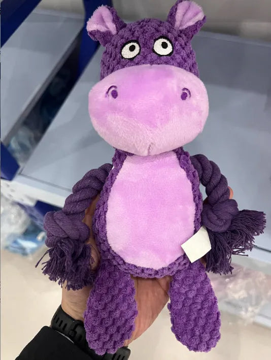 Plush hippo dog tug toy with cotton rope sections for interactive pull play