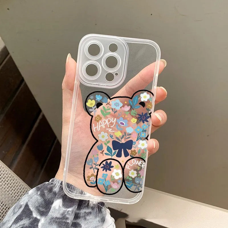 Bear flower TPU phone case for iPhone, back cover with playful bear pattern