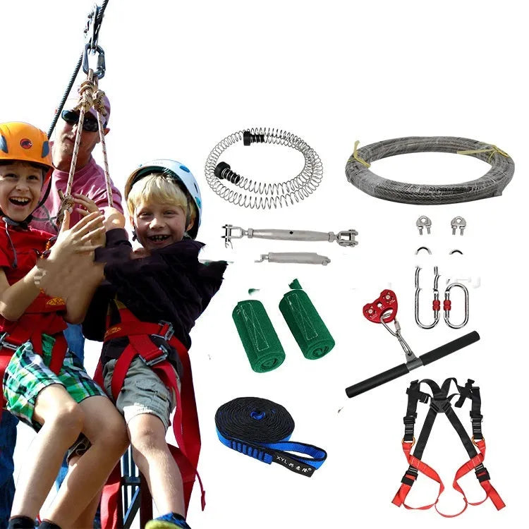 Children's pulley slide rope system with steel cable, handle, and safety hardware for backyard installation