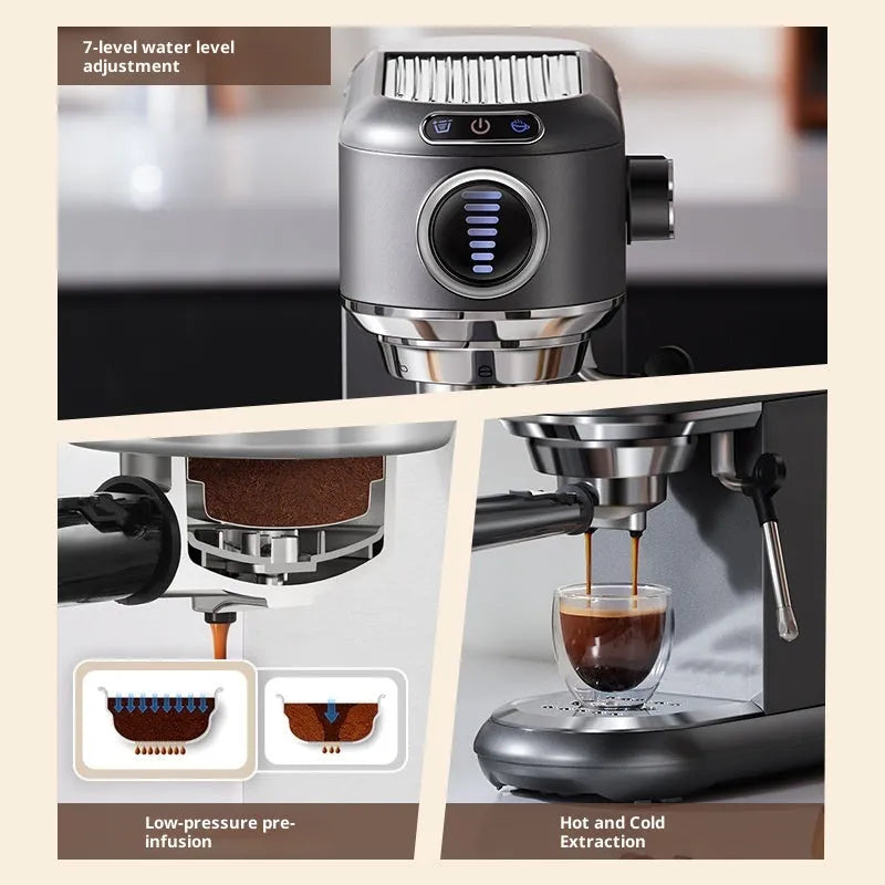 Dark gray household espresso coffee machine with stainless steel oiled plastic body and steam froth wand