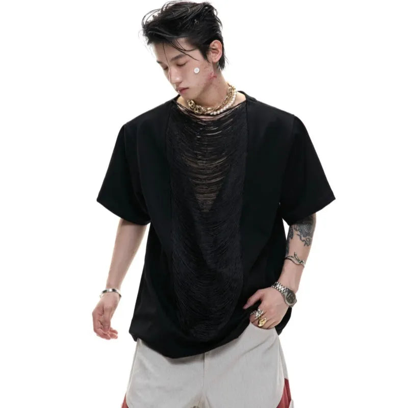 Men's drum black polyester t-shirt with V-neck design and loose fit styling