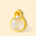 Green portable pet travel water bottle with pull-out drinking bowl for dogs, shown with size dimensions.