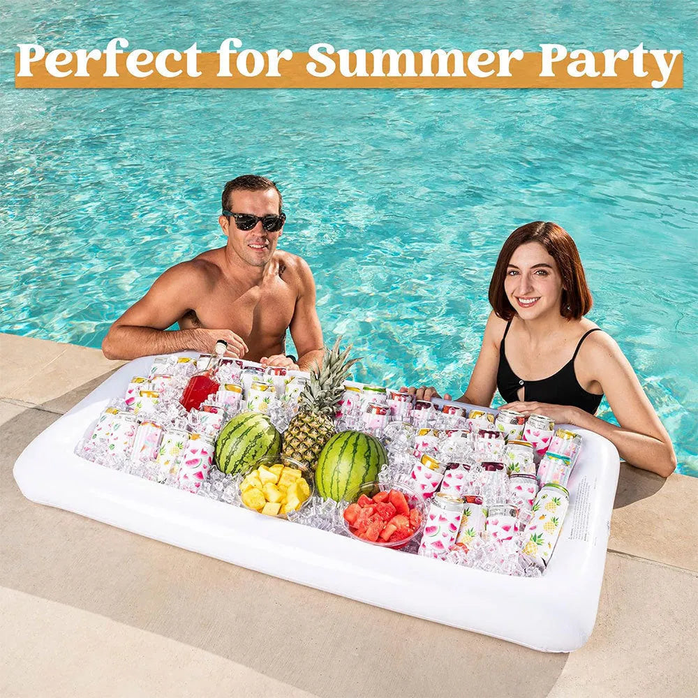 Inflatable PVC ice bar for parties shown with cup holder and beer stein bucket accessories.