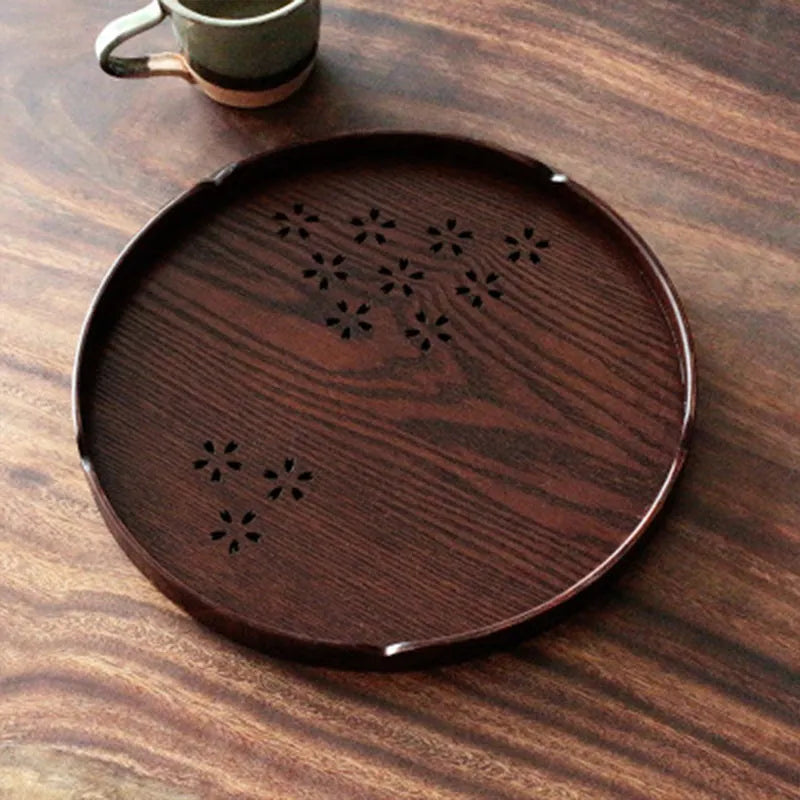 Japanese wooden sakura shallow dessert plate with hollow cherry blossom design, 30cm diameter