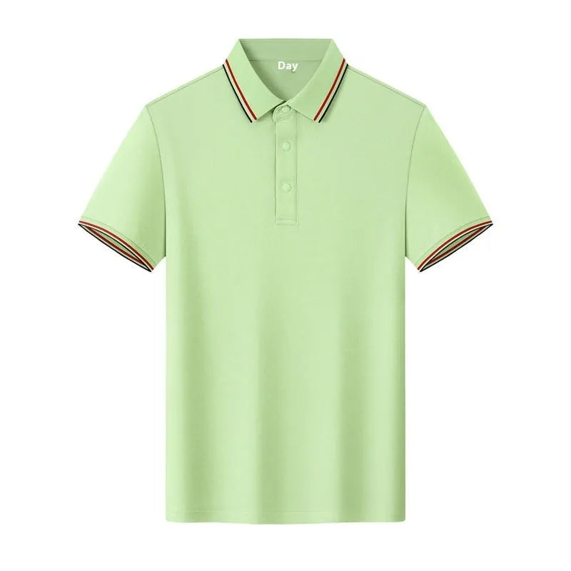 Men's solid colour cotton lapel t-shirt on a hanger, showing short sleeves and straight fit.