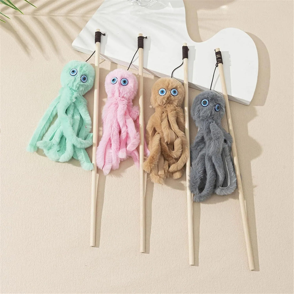 Octopus cat toy with long stick in grey, pink, purple or red colours for indoor kittens
