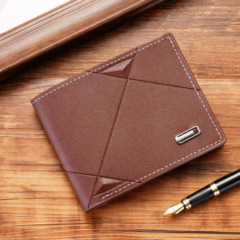 Men's thin black three-fold horizontal leather wallet showing multiple card slots.