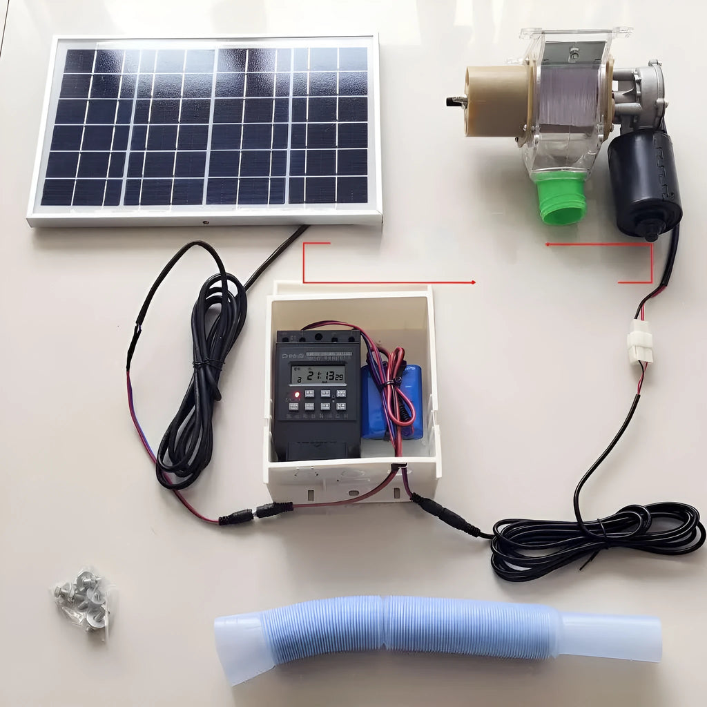 Solar-powered automatic animal feeding machine with watertight caisson for chickens, ducks, and aquariums.