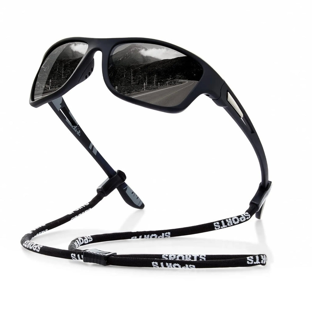 Men's polarised cycling sunglasses with full black frame and grey lens for outdoor sports