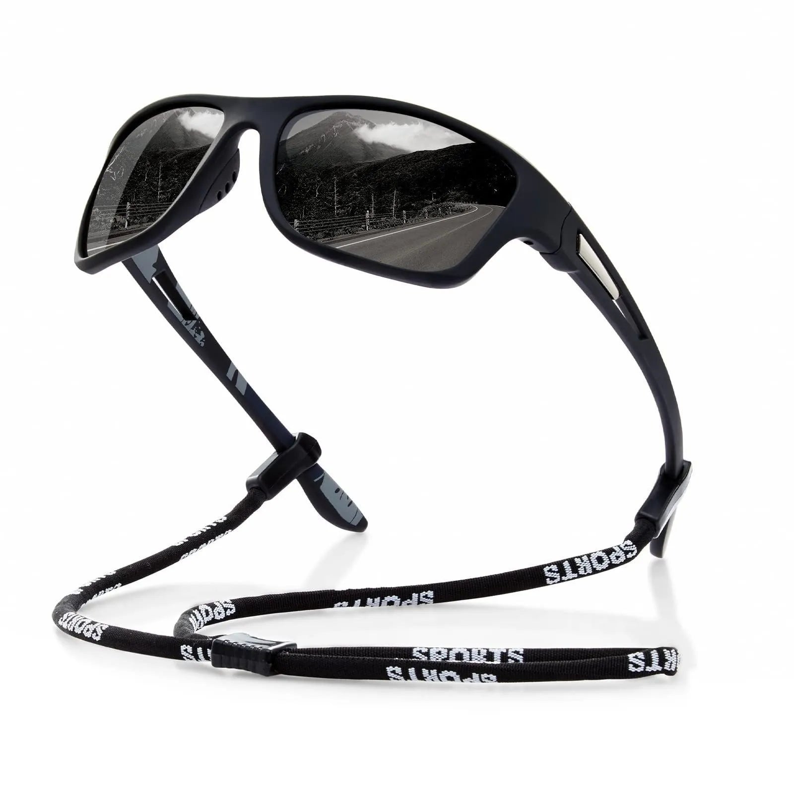 Men's polarised cycling sunglasses with full black frame and grey lens for outdoor sports