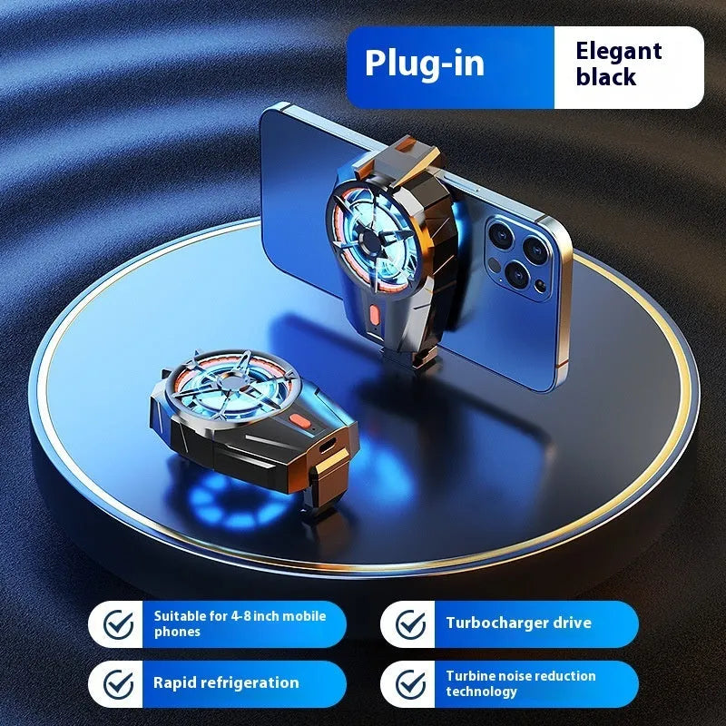 Rechargeable black mobile phone turbine radiator with back splint and fan cooling for gaming
