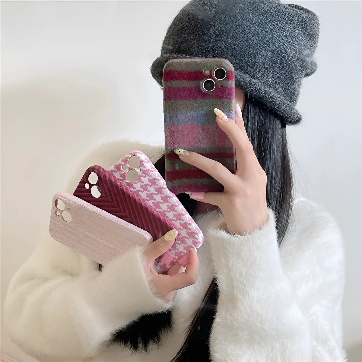 Houndstooth and plaid TPU iPhone case with drop protection, shown in pink and blue purple patterns