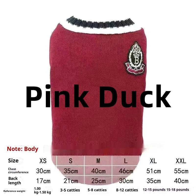 Silver gradient college style pet winter clothes shown in blue duck colour on size chart with weight ranges