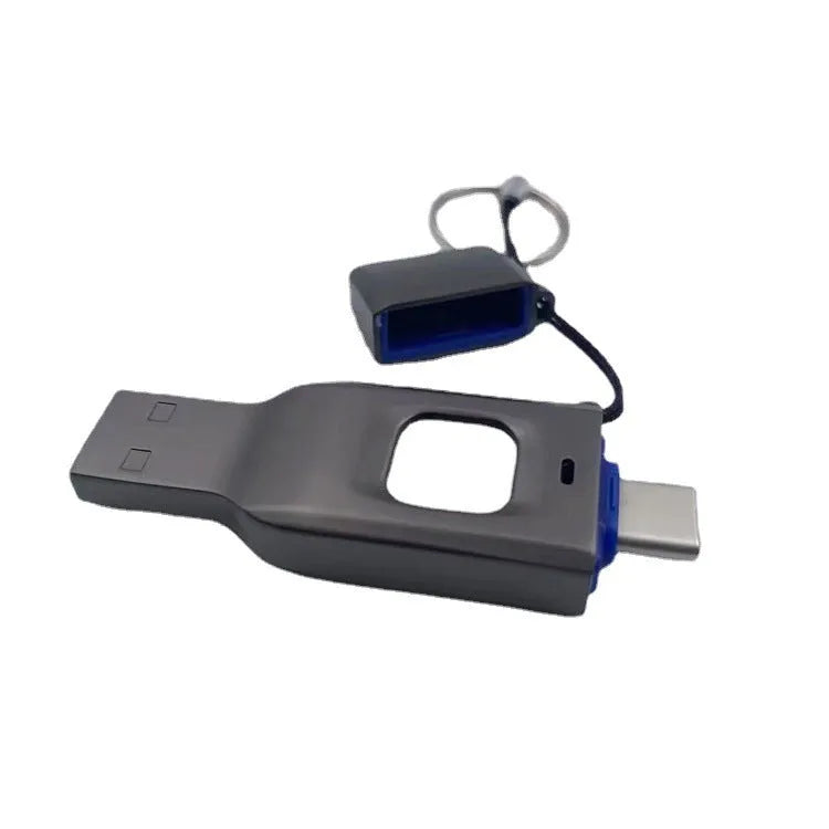 Fingerprint secured USB flash drive with dual USB 3.0 and USB-C connectors in metal housing