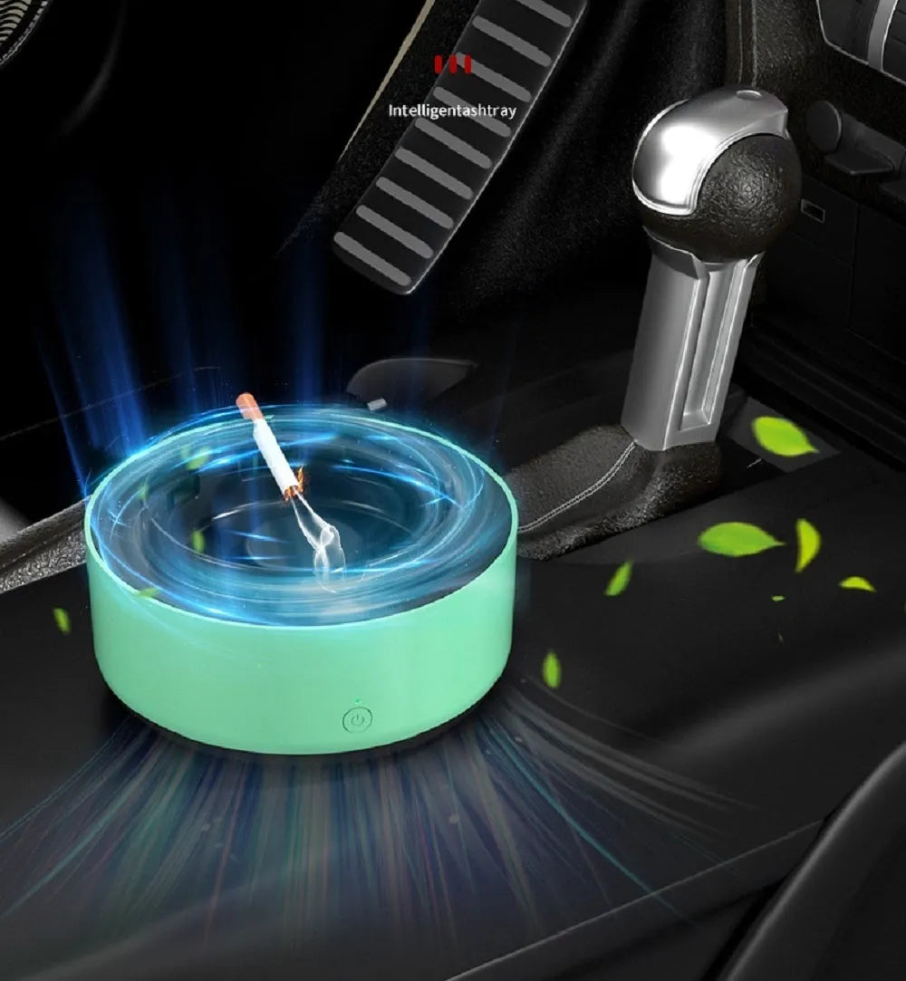 Grey electronic air purifier ashtray with cigarette butt grooves and purification system