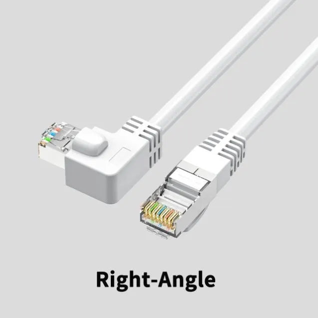 Black Cat6 Ethernet cable with right-angle metal RJ45 connector showing different orientation options