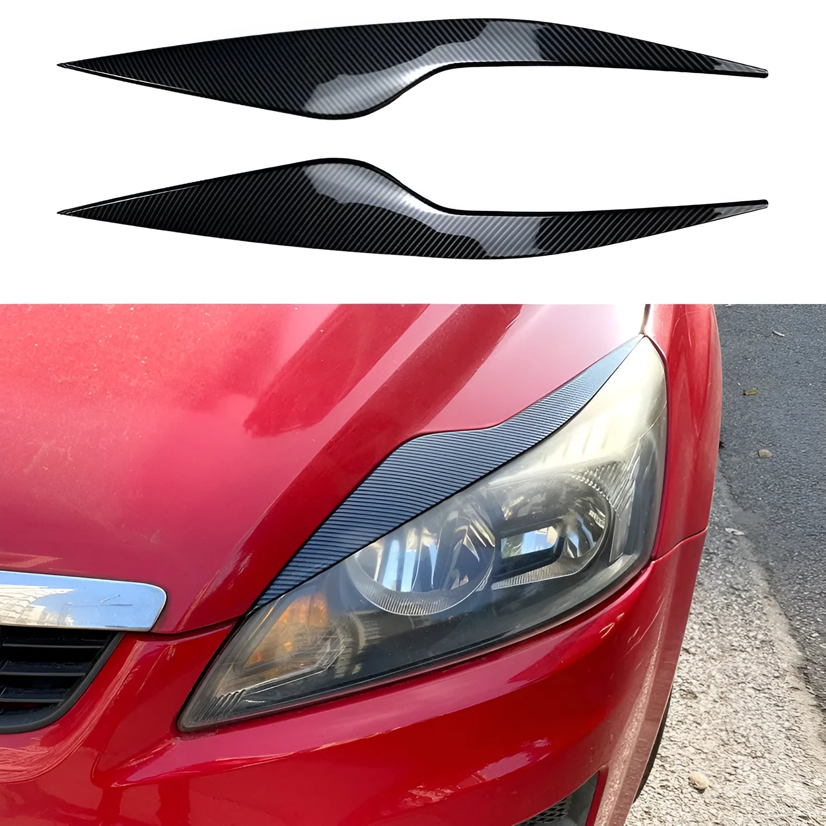 Two ABS plastic headlight eyebrow stickers for Ford Focus in carbon fibre and piano black finishes.