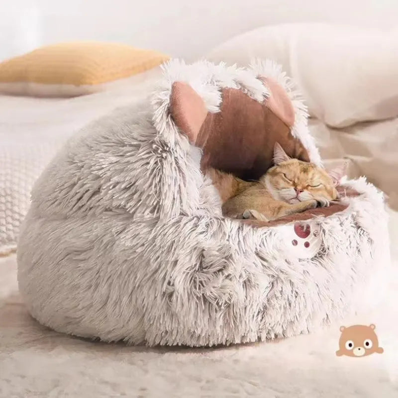 Round plush cat bed in brown or grey with non-slip rubber sole, available in 40cm, 50cm, 65cm and 100cm sizes