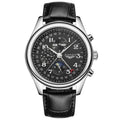 Men's black dial perpetual calendar watch with leather strap showing moon phase display