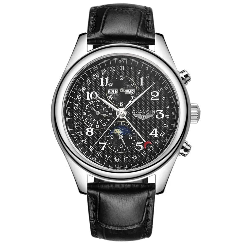 Men's black dial perpetual calendar watch with leather strap showing moon phase display