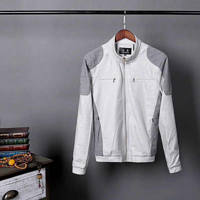 Men's thin heather grey linen jacket on a hanger, showing regular fit and colour block detail.