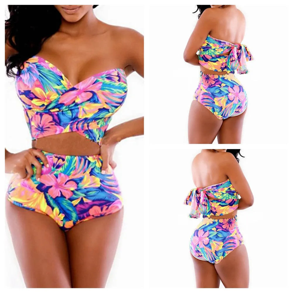Red women's two-piece swimsuit with colourful printed pattern and chest wrap style