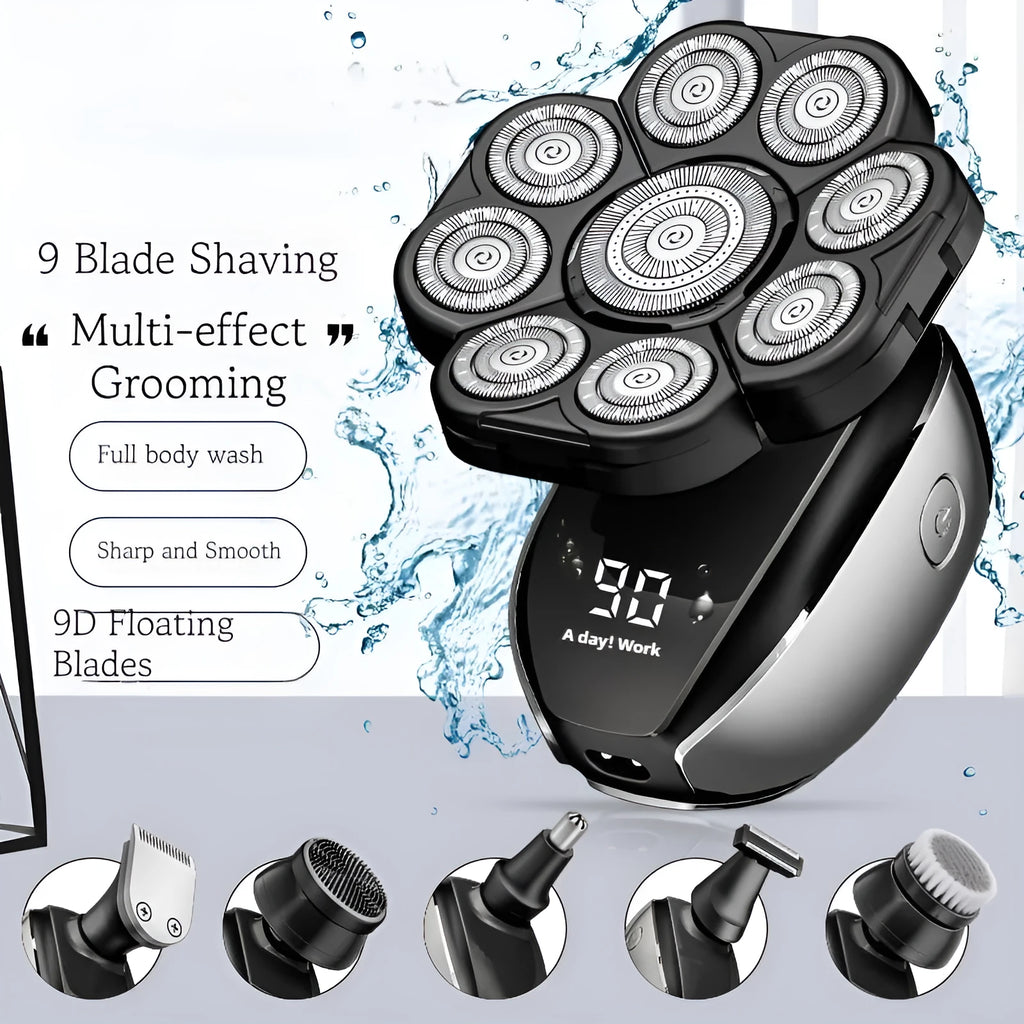 Black rechargeable 6-in-1 multifunctional hair clippers shaver kit with attachments displayed