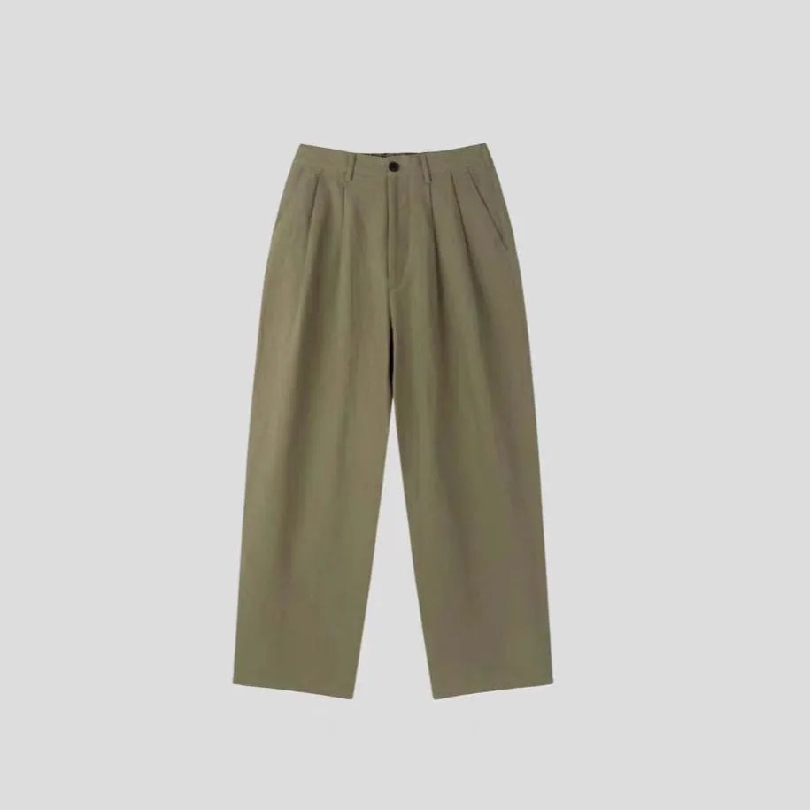Men's Korean style cotton linen trousers in apricot, army green, and purplish blue colours