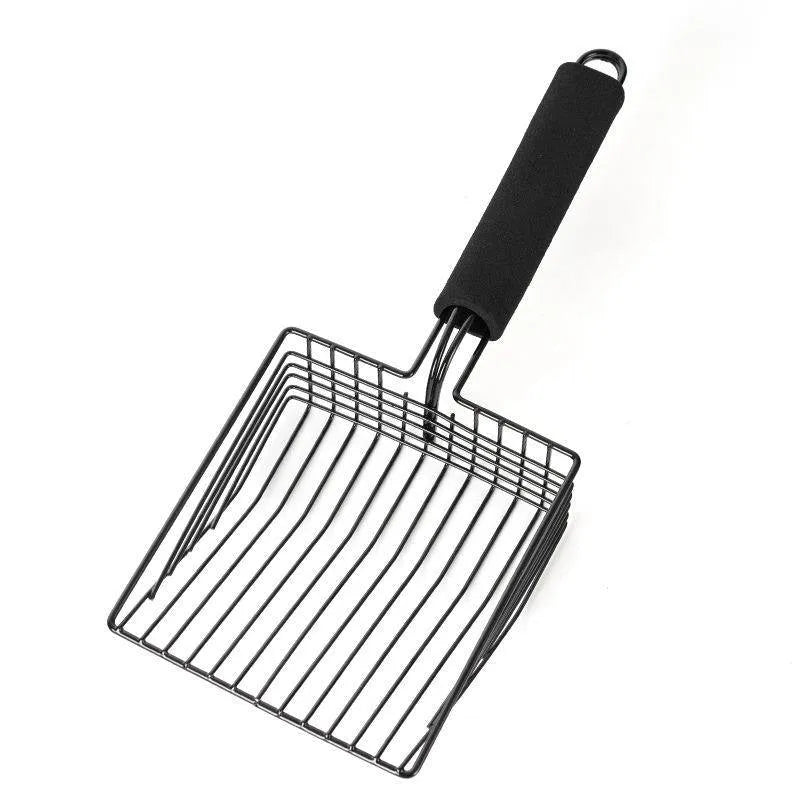 Black alloy metal cat litter scoop with narrow slots for cleaning clumping litter