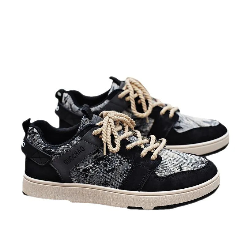 Men's low top lace-up sneakers with oil painting colour block pattern, PU upper, rubber sole, flat heel