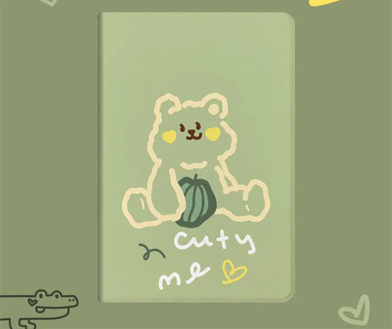Korean cartoon flip tablet case for iPad with Matcha Zoo design, imitation leather exterior, and sleep function
