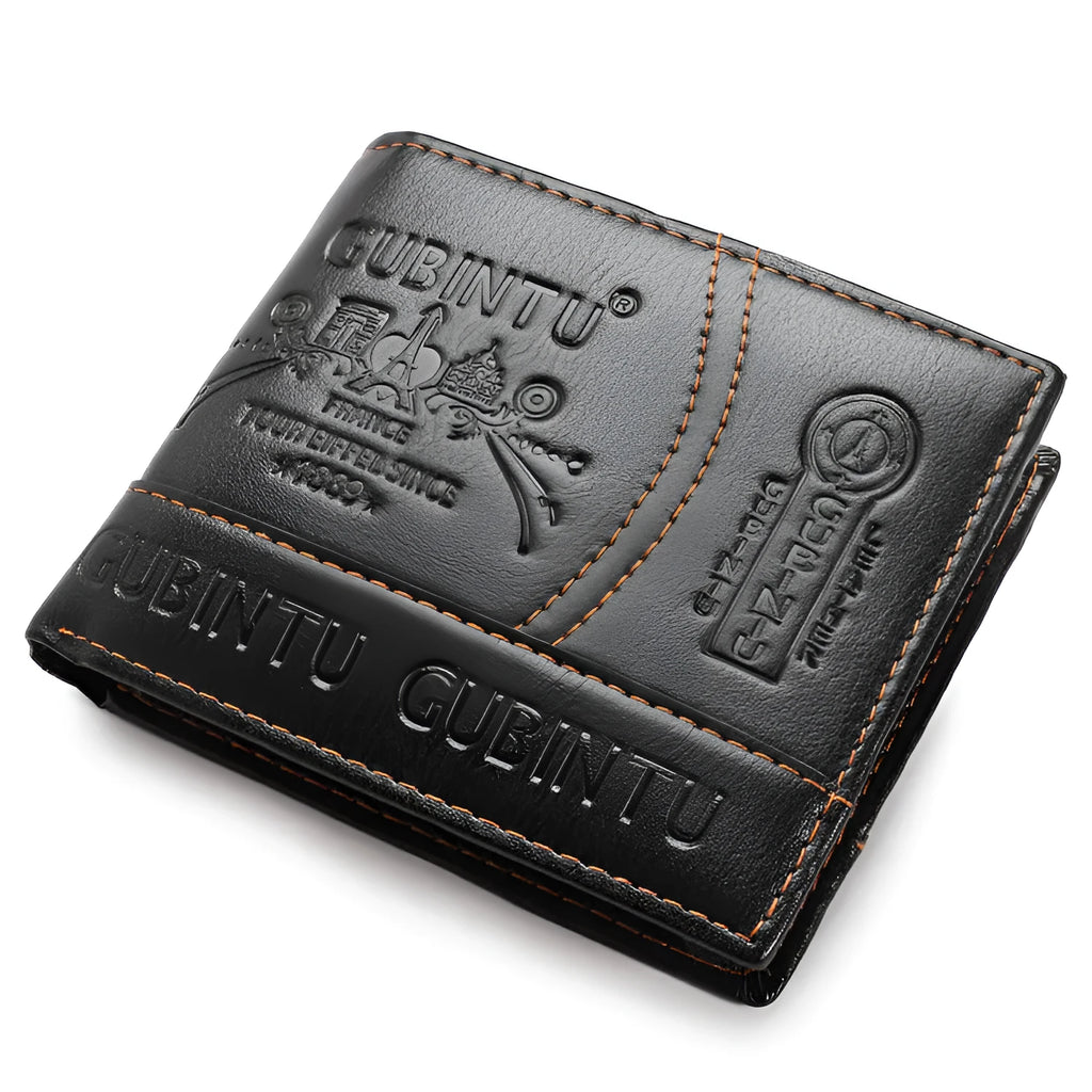 Men's short black PU leather wallet with multiple card slots, coin pocket, and photo holders on a flat surface