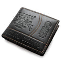 Men's short black PU leather wallet with multiple card slots, coin pocket, and photo holders on a flat surface