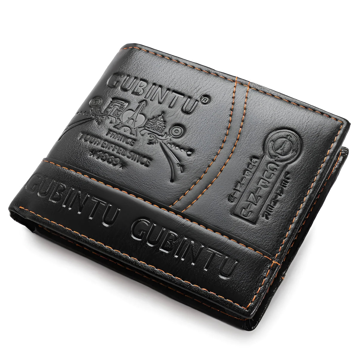 Men's short black PU leather wallet with multiple card slots, coin pocket, and photo holders on a flat surface