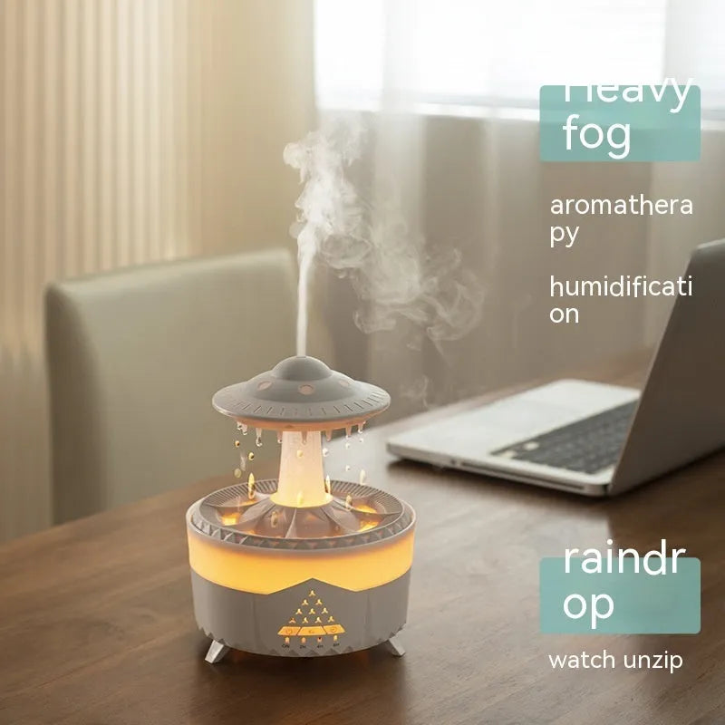 Cloud-shaped UFO raindrop humidifier with water drop sounds and night light