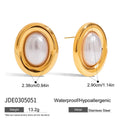 A pair of stainless steel vintage pearl stud earrings with a round pearl and electroplated finish.