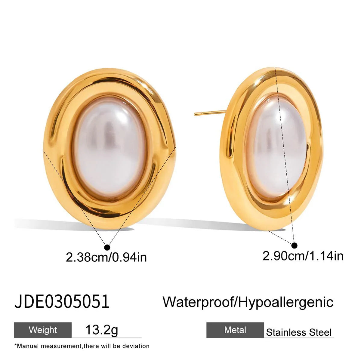 A pair of stainless steel vintage pearl stud earrings with a round pearl and electroplated finish.