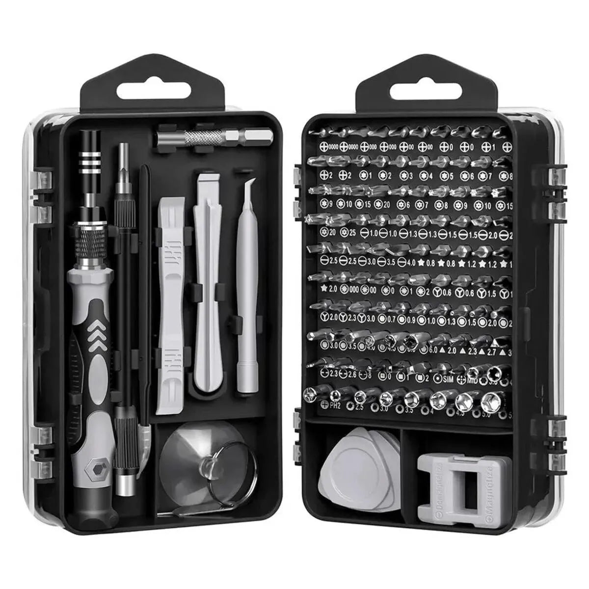 115-in-1 precision screwdriver set with 91 metal bits, magnetic tips, extension bar, and ergonomic handle in a sturdy case