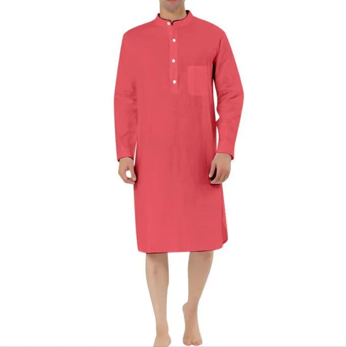 Men's shirt-style cotton robe in multiple colour options on a size chart.