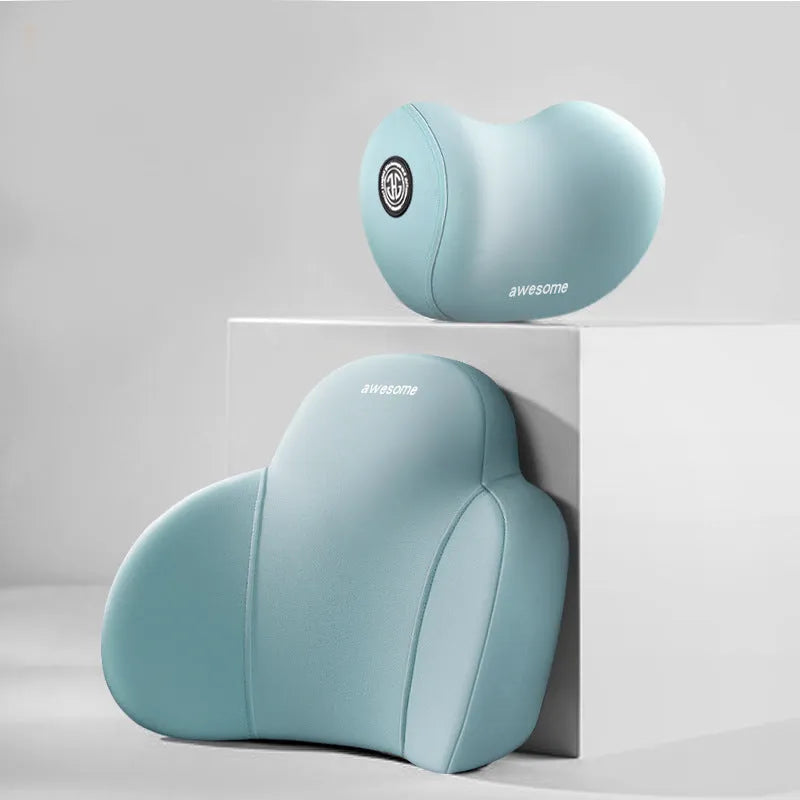 Automotive headrest and lumbar support pillows with all-cotton covers and memory foam filler in various colour options