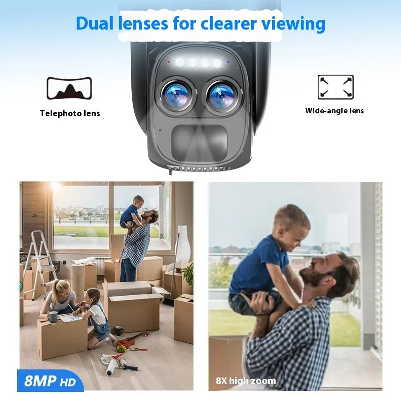 Solar panel security camera with 8x zoom lens for home surveillance.
