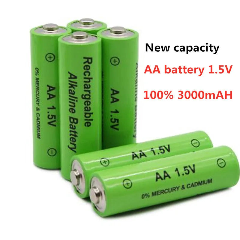 Alkaline rechargeable AA battery with 3000mAh capacity and 1.5V voltage.