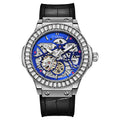 Men's automatic mechanical wristwatch with skeleton dial and diamond-studded stainless steel case.