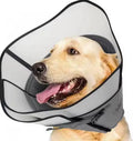 A white adjustable polyester recovery collar for pets, shown in sizes L, M, and XL.