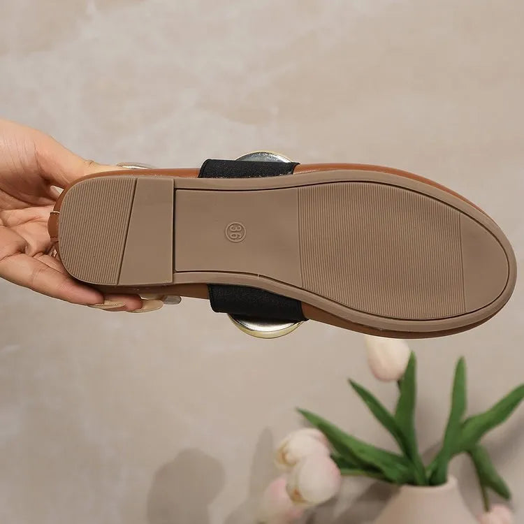 Women's brown flat slip-on loafers with round toe, metal buckle and sequin detail, sizes 36-43