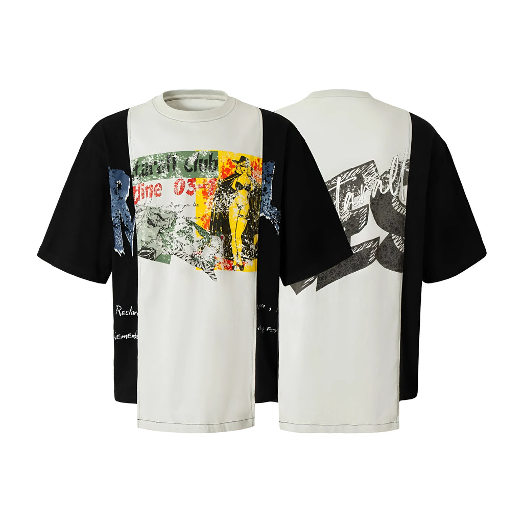 Men's black and white deconstruction print cotton blend t-shirt with a loose fit and short sleeves.
