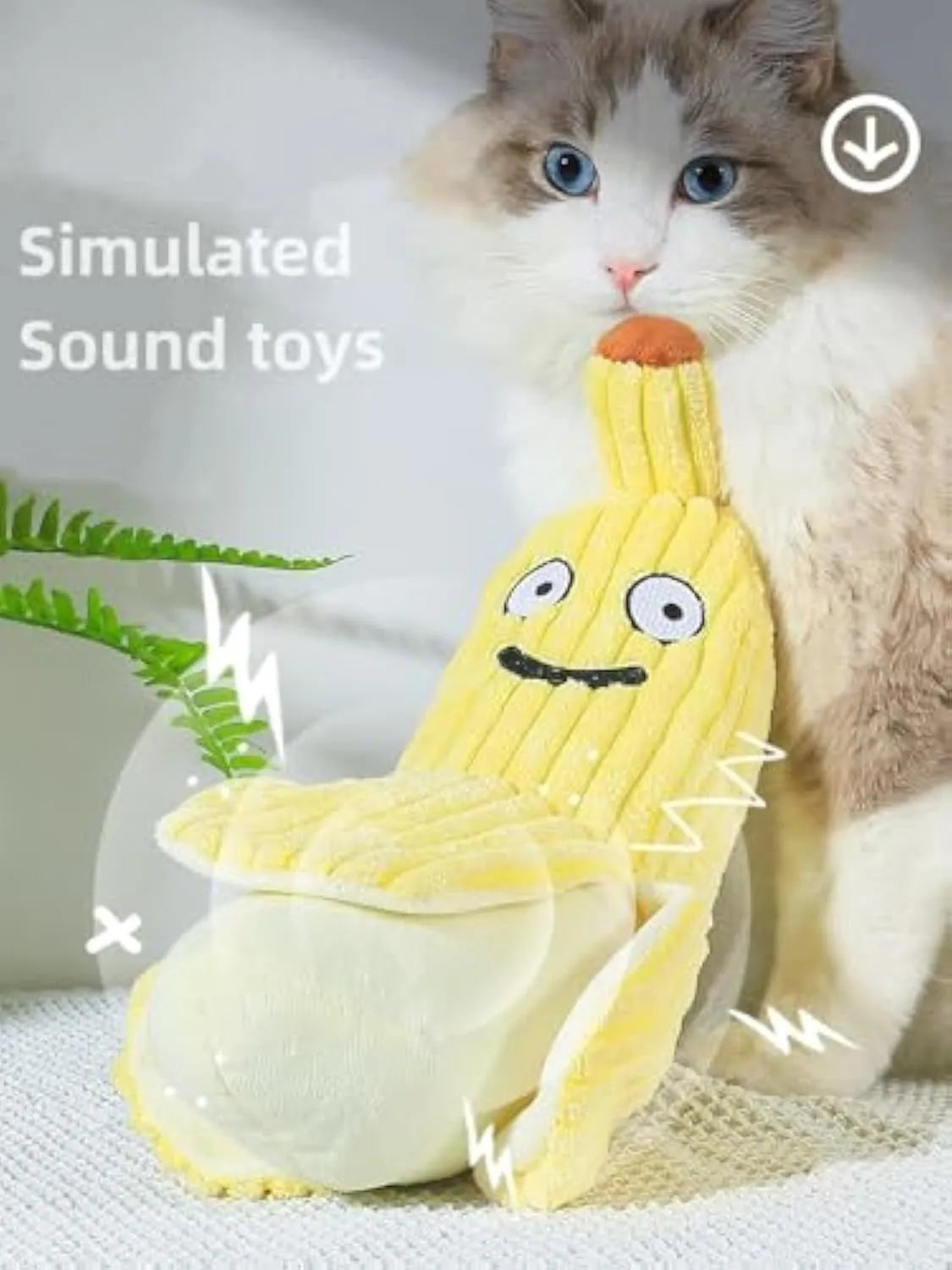Yellow banana-shaped cat chew toy with plush fabric and crinkle sound feature