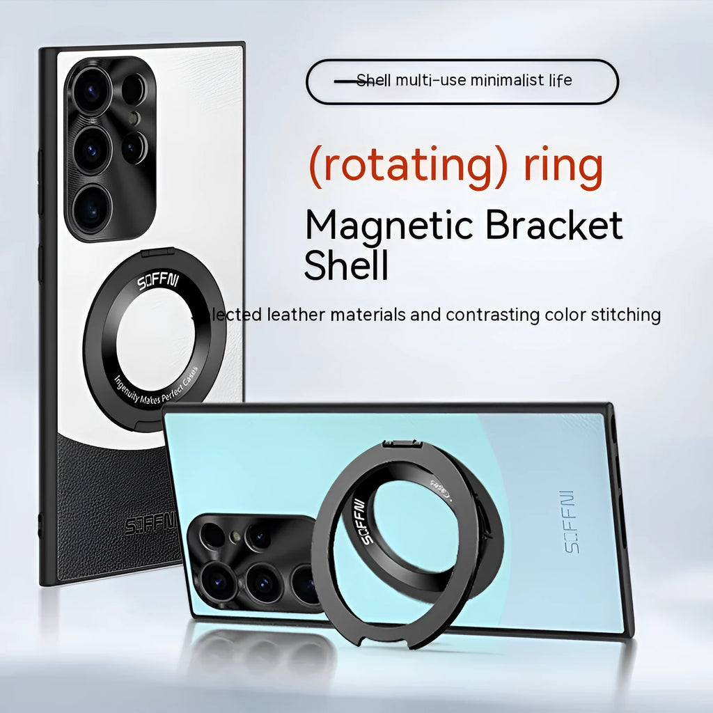 Samsung S23 Ultra contrast colour imitation leather phone case with magnetic ring and bracket