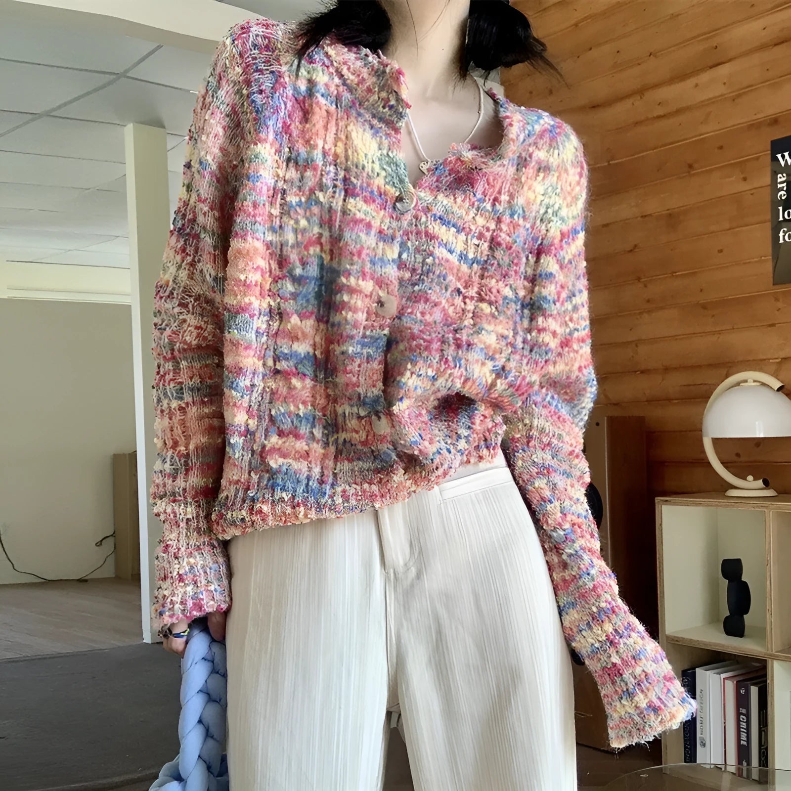 Rainbow patterned knitted cardigan sweater in pink or green colours with slim fit